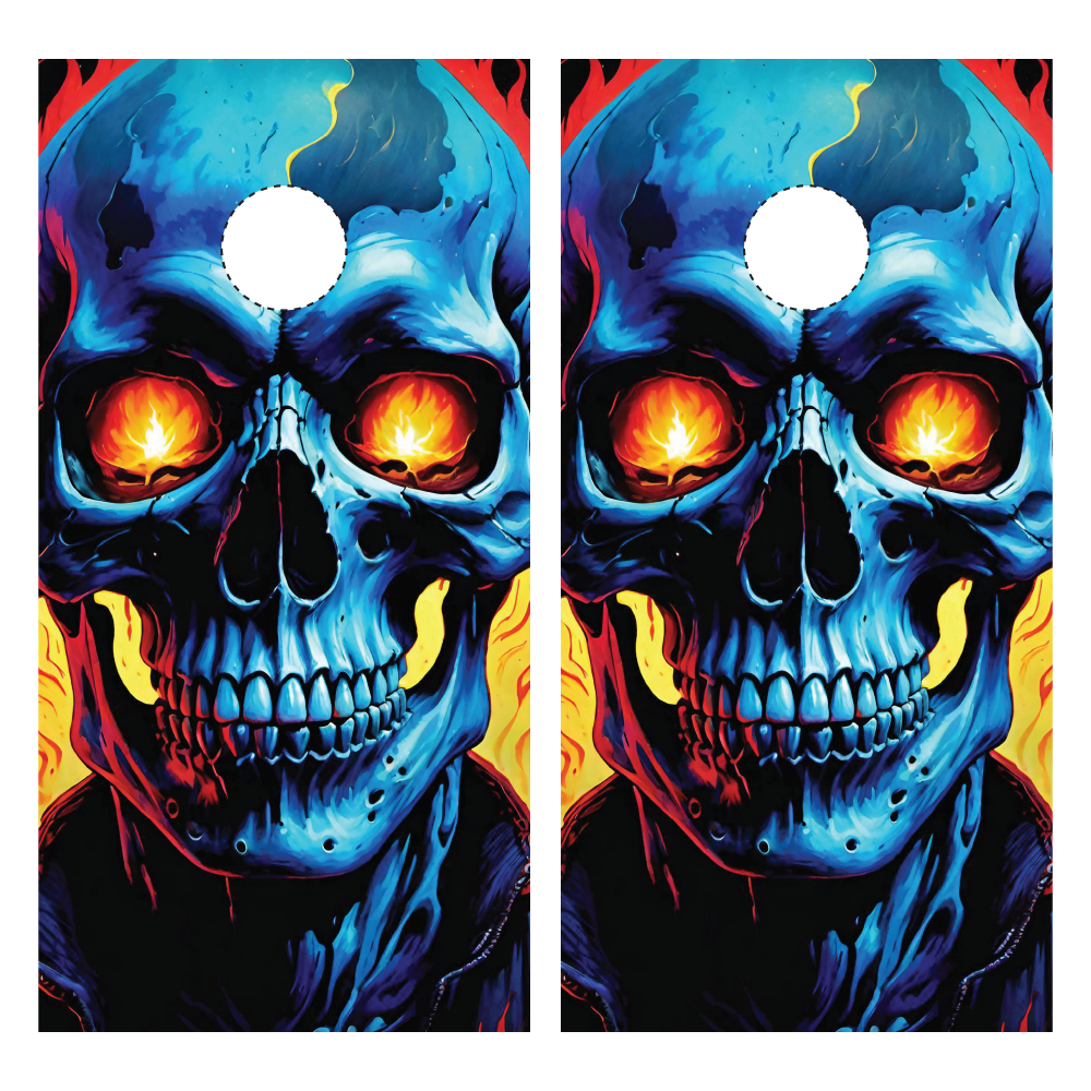Flaming Blue Skull Cornhole Wraps